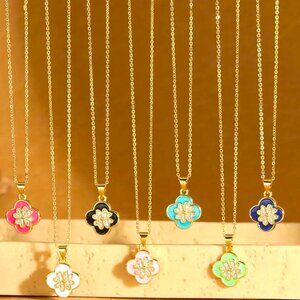 18K GOLD 4 LEAF CLOVER IN CLOVER SKY BLUE ENAMEL & 4 CZ HEARTS CLOVER NECKLACE